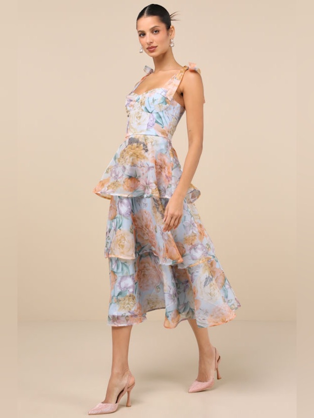 Lulu's Playfully Posh Blue Floral Organza Tiered Midi Dress - Size L